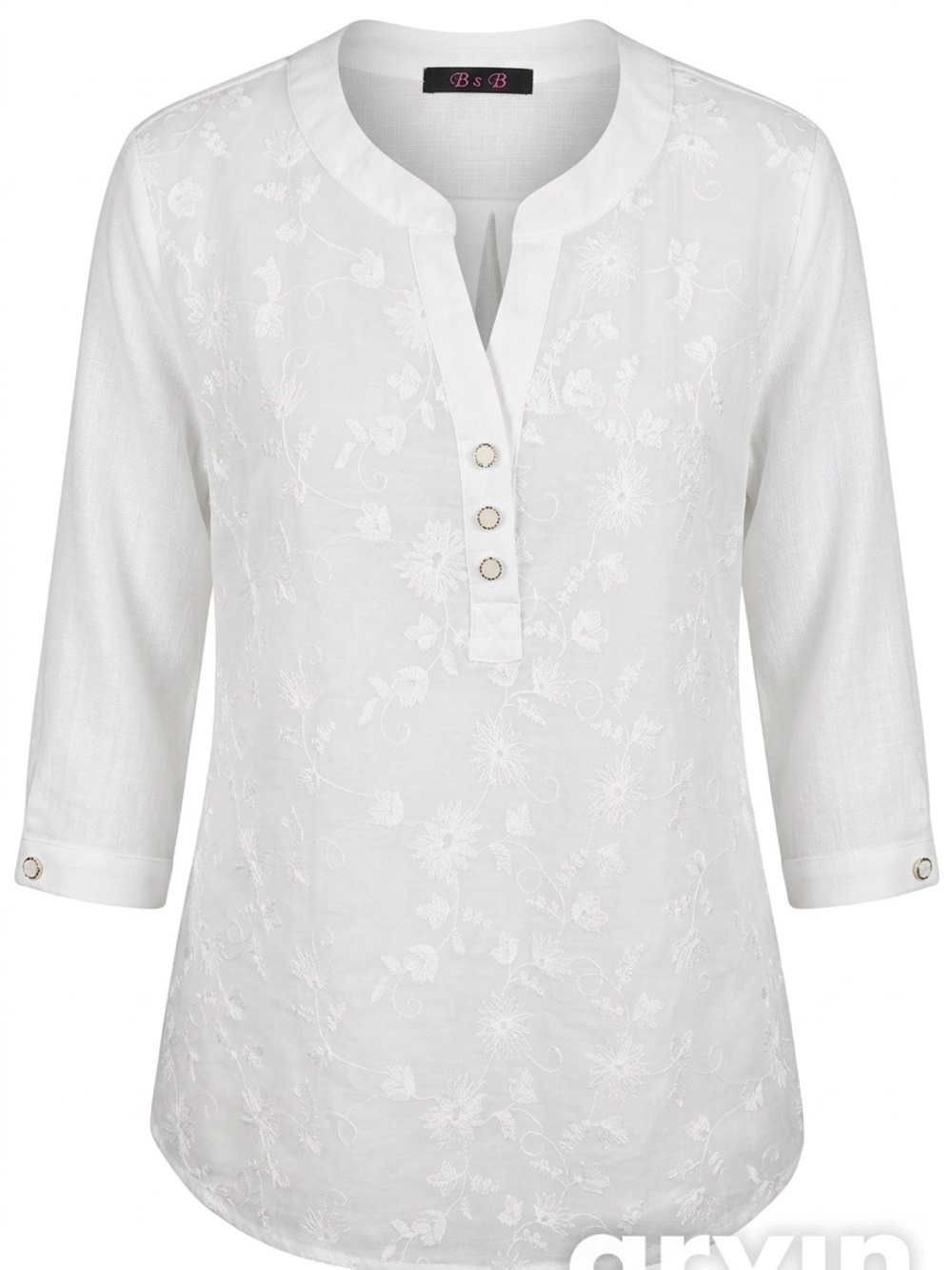 BsB White Embroidered Split-Neck Blouse